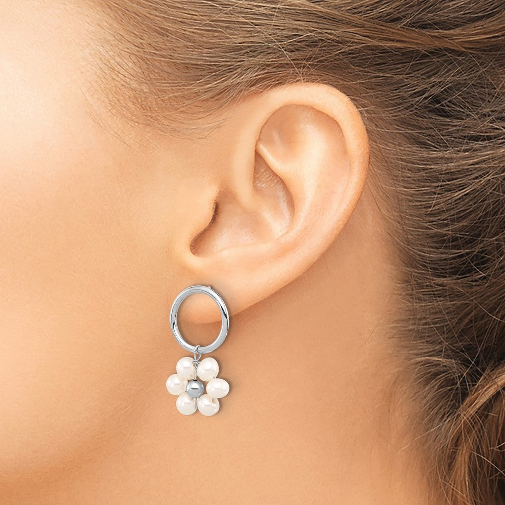 QE16719 Sterling Silver Rhodium-plated 4-5mm White Semi-Round Freshwater Cultured Pearl Flower Post Dangle Earrings