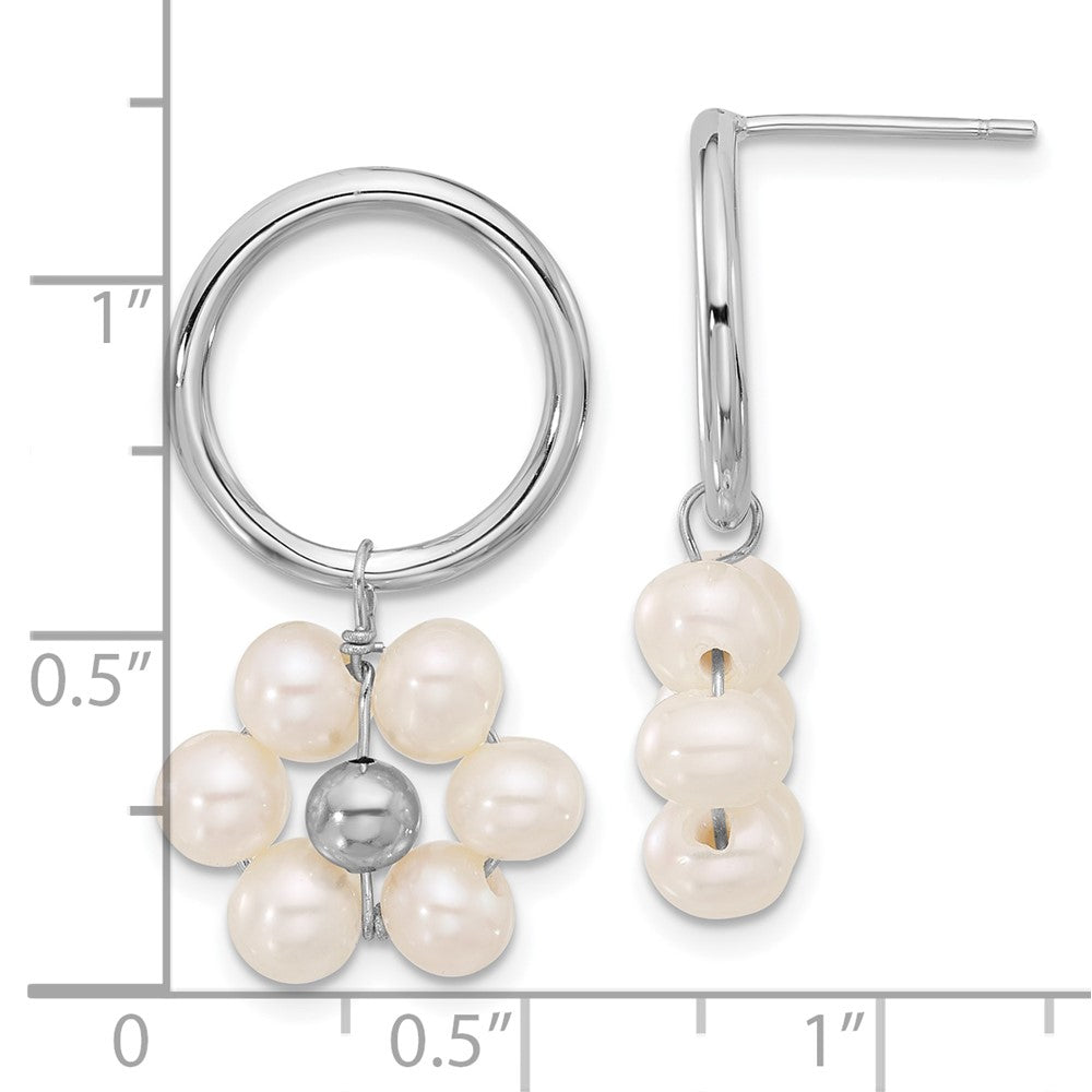 QE16719 Sterling Silver Rhodium-plated 4-5mm White Semi-Round Freshwater Cultured Pearl Flower Post Dangle Earrings