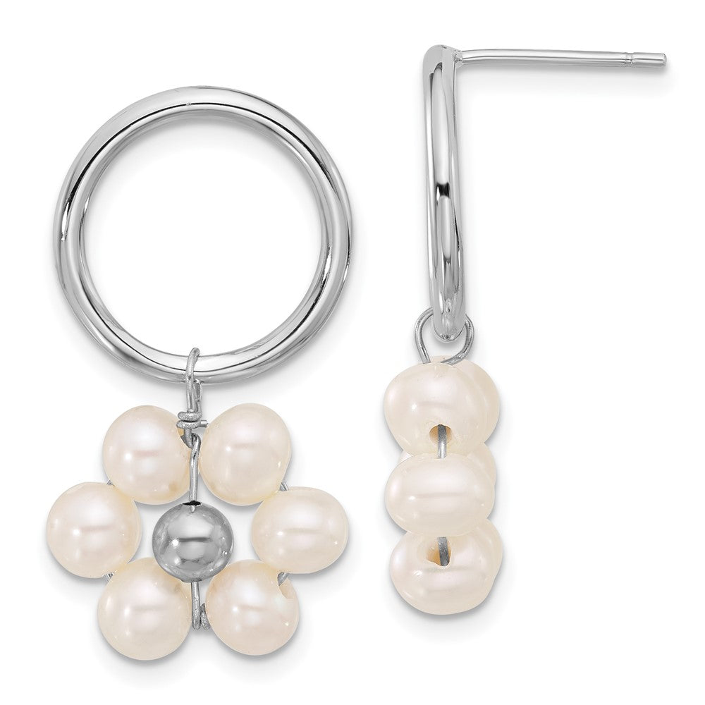 QE16719 Sterling Silver Rhodium-plated 4-5mm White Semi-Round Freshwater Cultured Pearl Flower Post Dangle Earrings