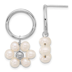 QE16719 Sterling Silver Rhodium-plated 4-5mm White Semi-Round Freshwater Cultured Pearl Flower Post Dangle Earrings
