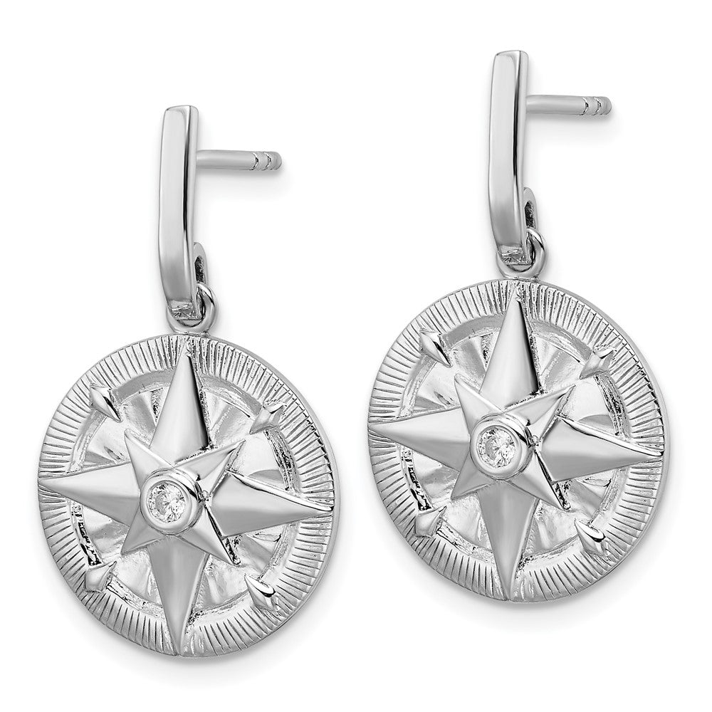QE16737 Sterling Silver Rhodium-plated Polished CZ Compass Dangle Post Earrings
