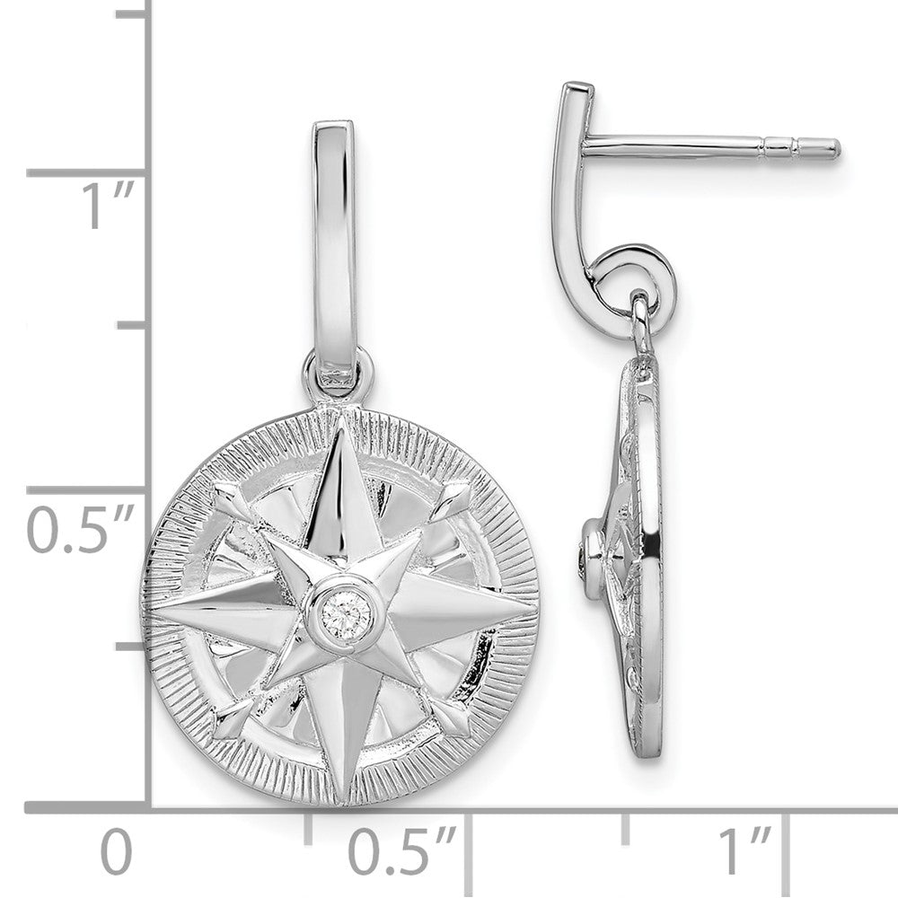 QE16737 Sterling Silver Rhodium-plated Polished CZ Compass Dangle Post Earrings