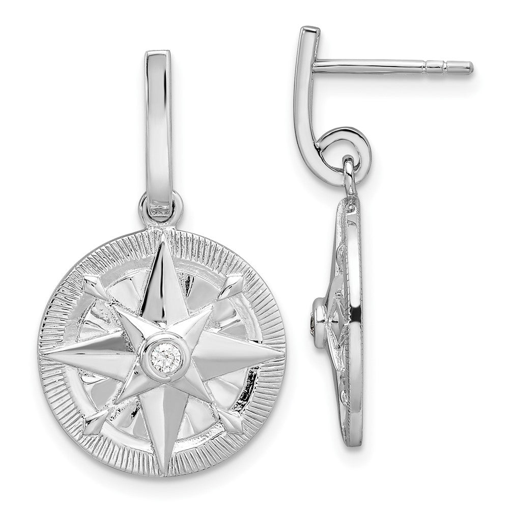 QE16737 Sterling Silver Rhodium-plated Polished CZ Compass Dangle Post Earrings