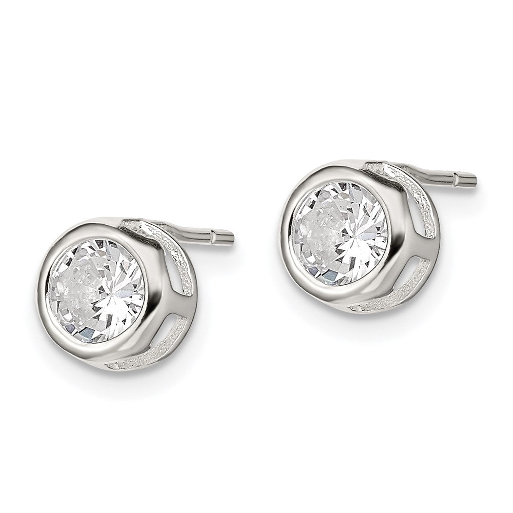QE1674 Sterling Silver Polished 7mm Round CZ Bezel Set Stud Earrings