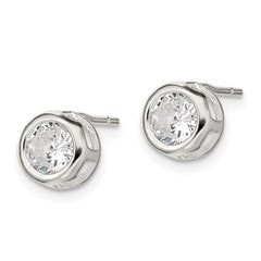 QE1674 Sterling Silver Polished 7mm Round CZ Bezel Set Stud Earrings