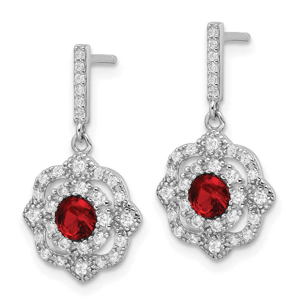 QE16758 Sterling Silver RH-pltd Red Glass and Clear CZ Vintage Dangle Post Earring