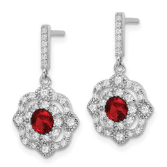 QE16758 Sterling Silver RH-pltd Red Glass and Clear CZ Vintage Dangle Post Earring