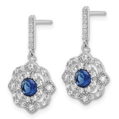 QE16759 Sterling Silver RH-pltd Blue Glass and Clear CZ Vintage Dangle Post Earring