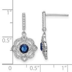 QE16759 Sterling Silver RH-pltd Blue Glass and Clear CZ Vintage Dangle Post Earring