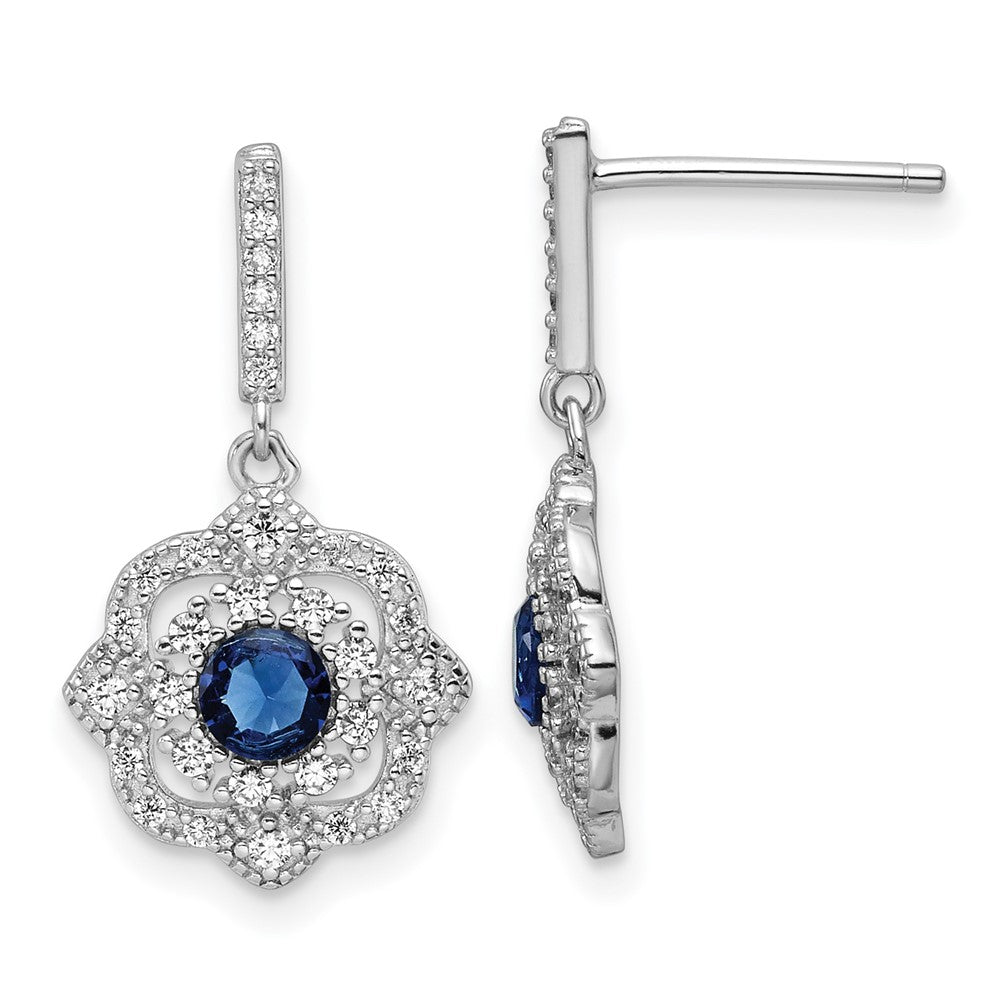 QE16759 Sterling Silver RH-pltd Blue Glass and Clear CZ Vintage Dangle Post Earring