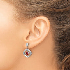 QE16761 Sterling Silver RH-plated Red Glass and Clear CZ Fancy Square Post Earrings