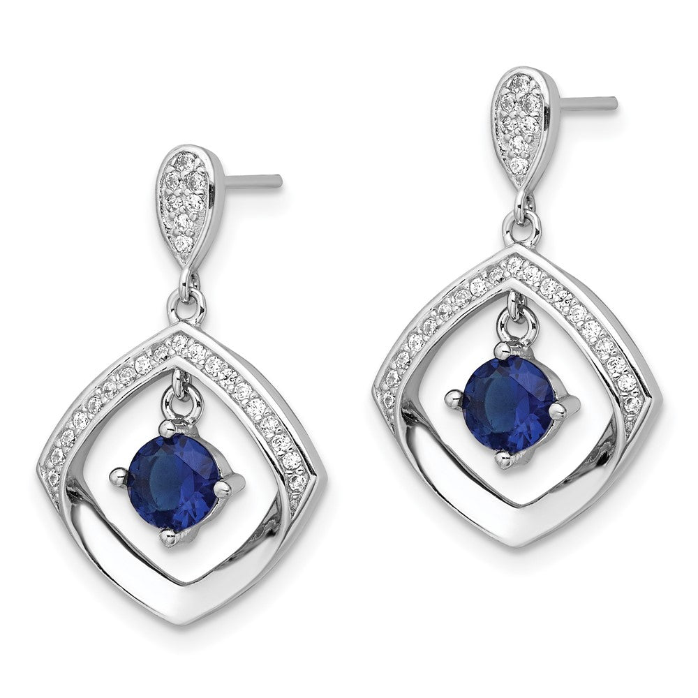 QE16762 Sterling Silver RH-pltd Blue Glass and Clear CZ Fancy Square Post Earrings