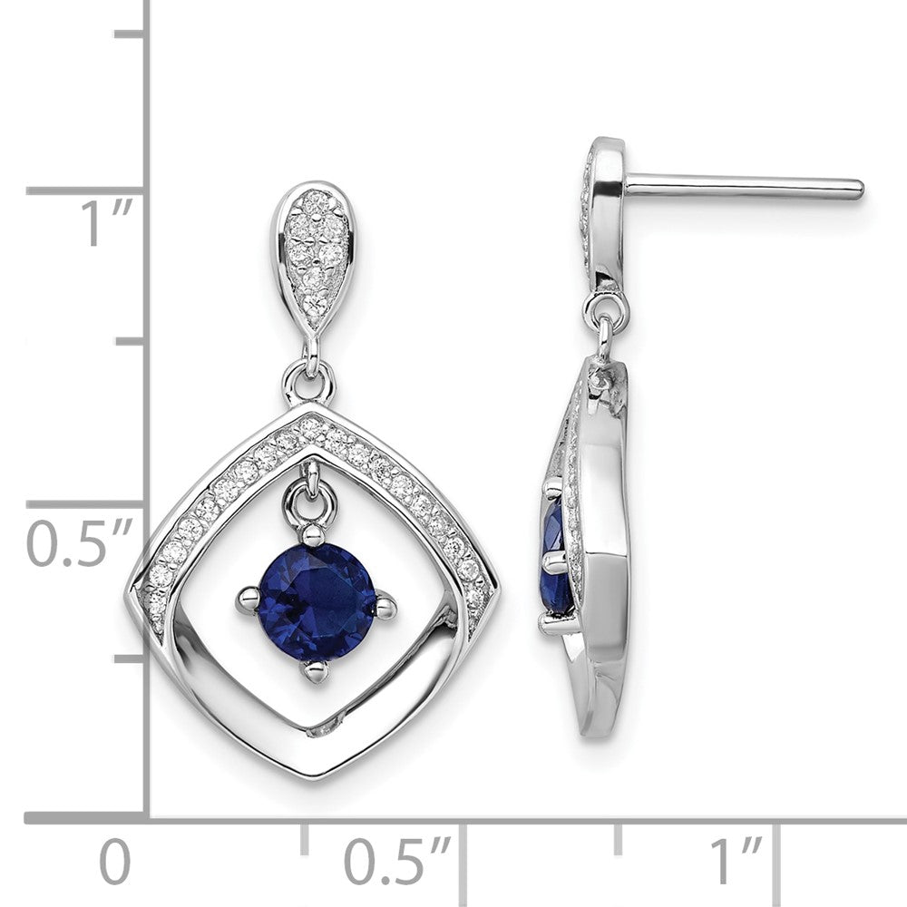 QE16762 Sterling Silver RH-pltd Blue Glass and Clear CZ Fancy Square Post Earrings