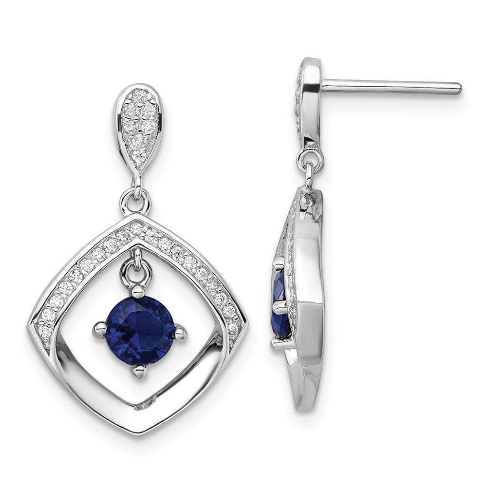QE16762 Sterling Silver RH-pltd Blue Glass and Clear CZ Fancy Square Post Earrings