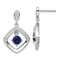 QE16762 Sterling Silver RH-pltd Blue Glass and Clear CZ Fancy Square Post Earrings