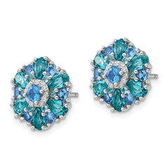 QE16765 Sterling Silver Rh-pltd Blue/Green Nano Crystal and CZ Floral Post Earrings