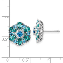 QE16765 Sterling Silver Rh-pltd Blue/Green Nano Crystal and CZ Floral Post Earrings