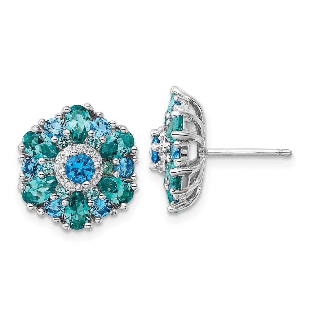 QE16765 Sterling Silver Rh-pltd Blue/Green Nano Crystal and CZ Floral Post Earrings