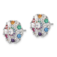 QE16769 Sterling Silver Rh-pltd Rainbow Nano Crystal and Clear CZ Post Earrings
