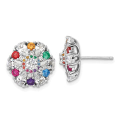 QE16769 Sterling Silver Rh-pltd Rainbow Nano Crystal and Clear CZ Post Earrings
