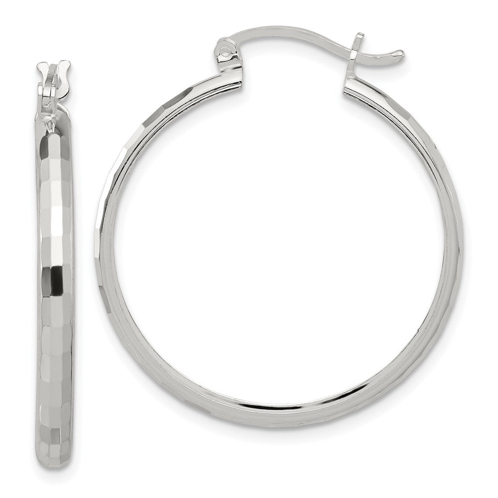 QE16782 Sterling Silver Polished Textured Hoop Earrings