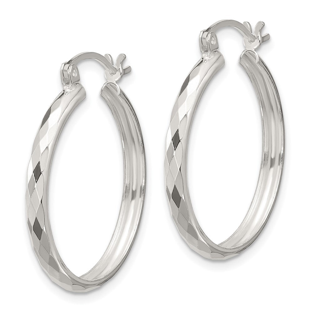 QE16785 Sterling Silver Polished Textured Hoop Earrings