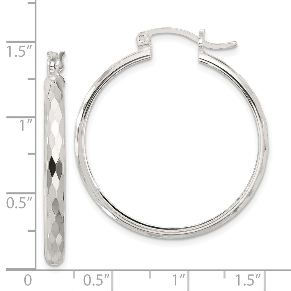 QE16786 Sterling Silver Polished Textured Hoop Earrings