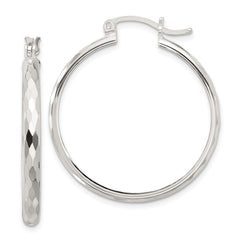 QE16786 Sterling Silver Polished Textured Hoop Earrings