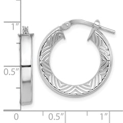 QE16805 Sterling Silver Rhodium-plated Polished and Textured Hoop Earrings