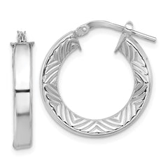 QE16805 Sterling Silver Rhodium-plated Polished and Textured Hoop Earrings