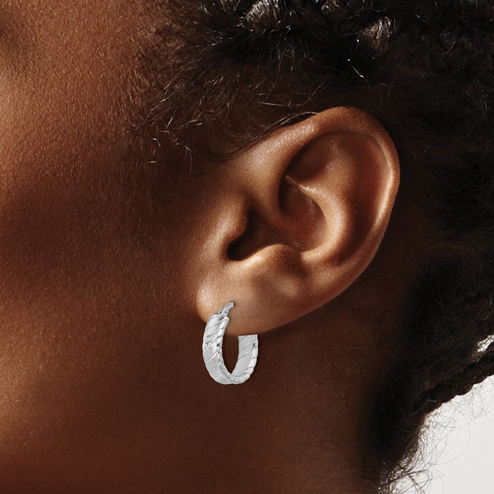 QE16807 Sterling Silver Rhodium-plated Polished and Textured Hoop Earrings