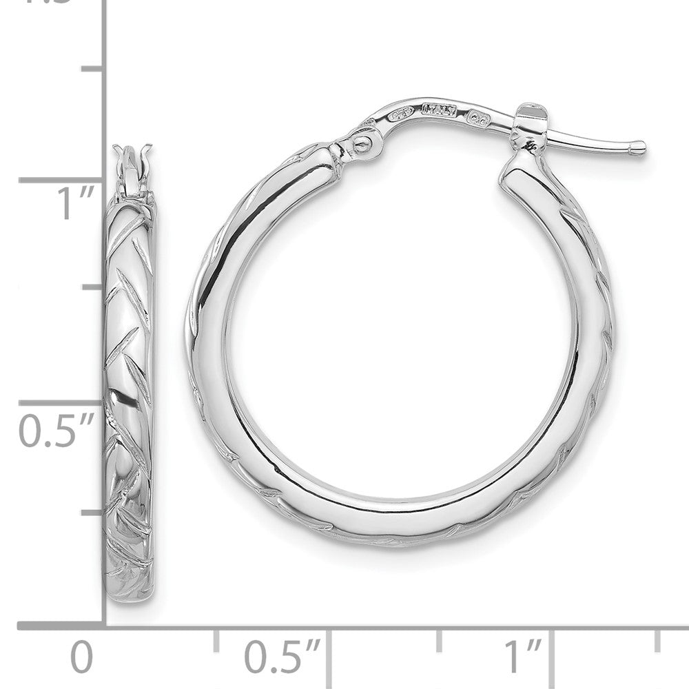 QE16808 Sterling Silver Rhodium-plated Polished and Textured Hoop Earrings