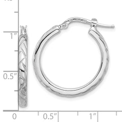 QE16808 Sterling Silver Rhodium-plated Polished and Textured Hoop Earrings