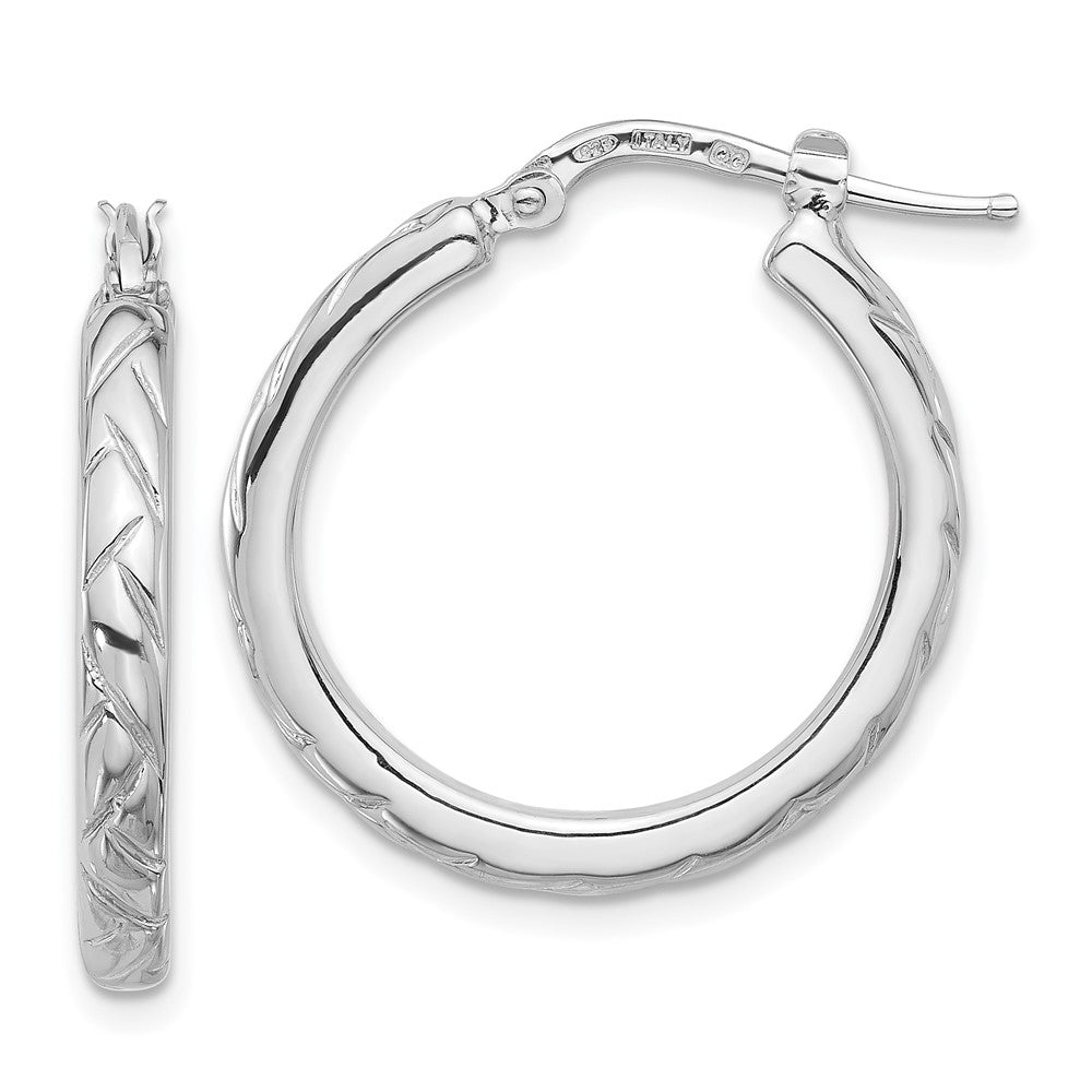 QE16808 Sterling Silver Rhodium-plated Polished and Textured Hoop Earrings