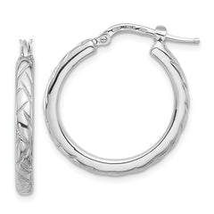 QE16808 Sterling Silver Rhodium-plated Polished and Textured Hoop Earrings