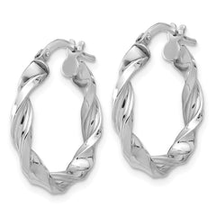 QE16815 Sterling Silver Rhodium-plated Polished & Textured Twisted Hoop Earrings