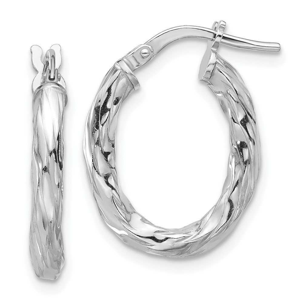 QE16832 Sterling Silver Rh-plated Polished and Textured Twisted Oval Hoop Earrings
