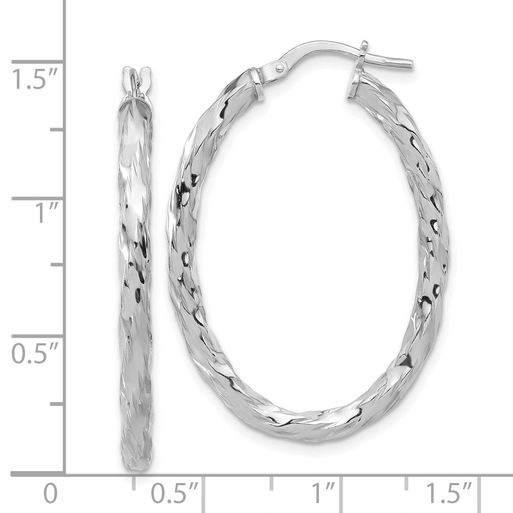 QE16833 Sterling Silver Rh-plated Polished and Textured Twisted Oval Hoop Earrings