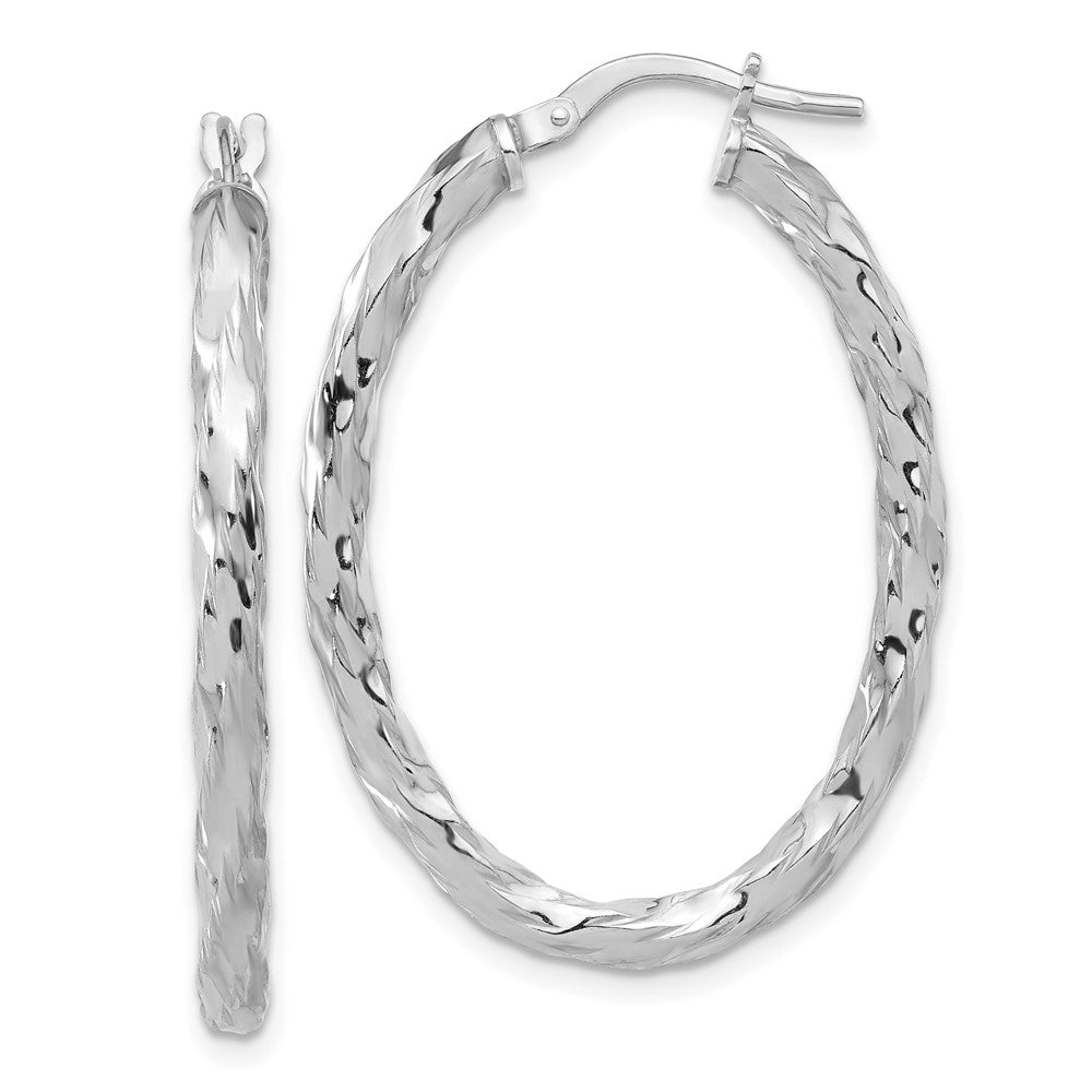 QE16833 Sterling Silver Rh-plated Polished and Textured Twisted Oval Hoop Earrings