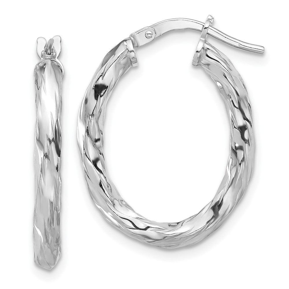 QE16835 Sterling Silver Rh-plated Polished and Textured Twisted Oval Hoop Earrings