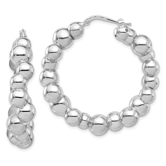 QE16844 Sterling Silver Rhodium-plated Polished Bead Hoop Earrings