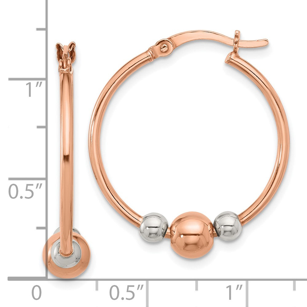 QE16853 Sterling Silver and Rose-tone Polished Beaded Hoop Earrings