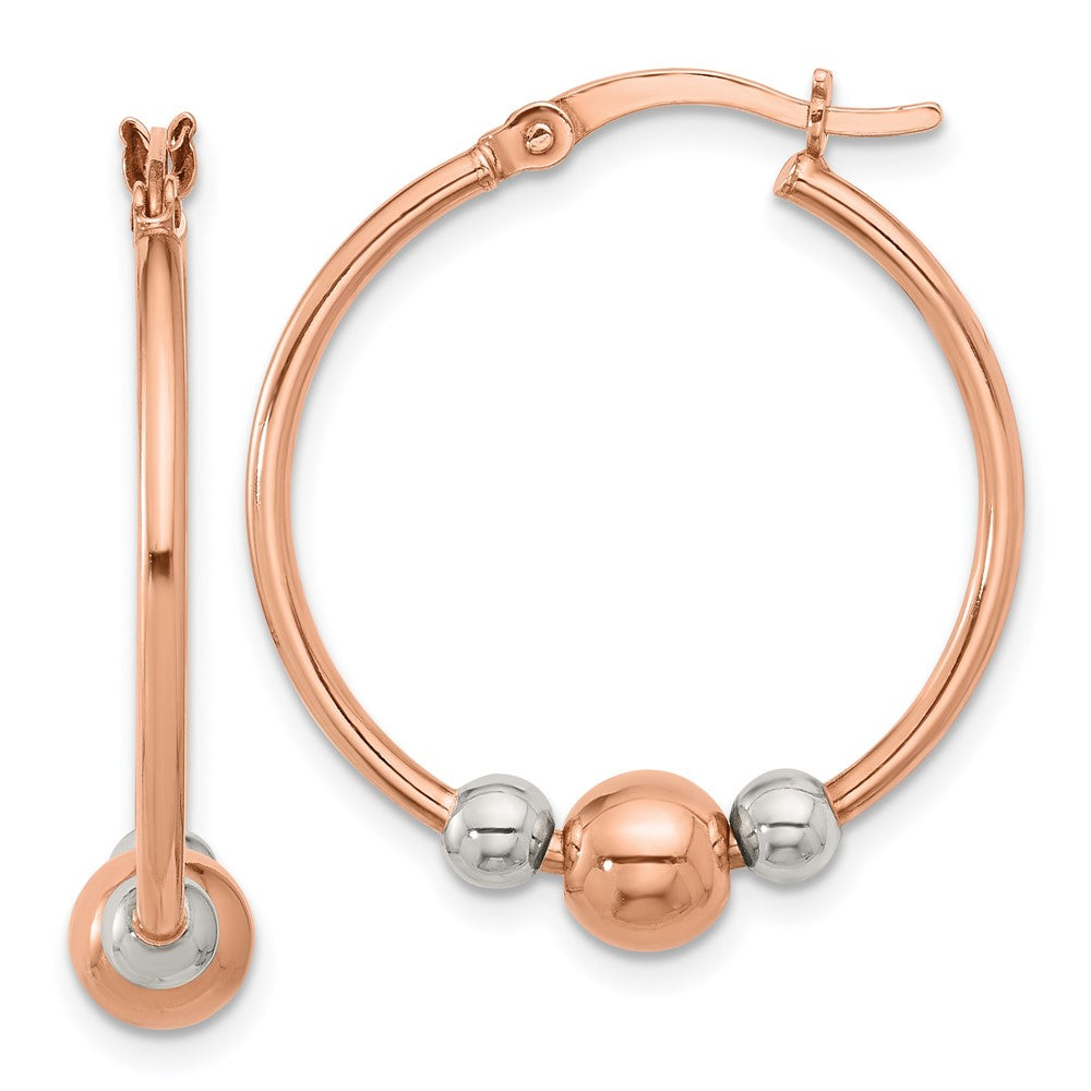QE16853 Sterling Silver and Rose-tone Polished Beaded Hoop Earrings