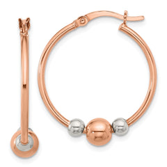 QE16853 Sterling Silver and Rose-tone Polished Beaded Hoop Earrings