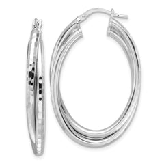QE16860 Sterling Silver Rhodium-plated Polished Diamond-cut Hoop Earrings