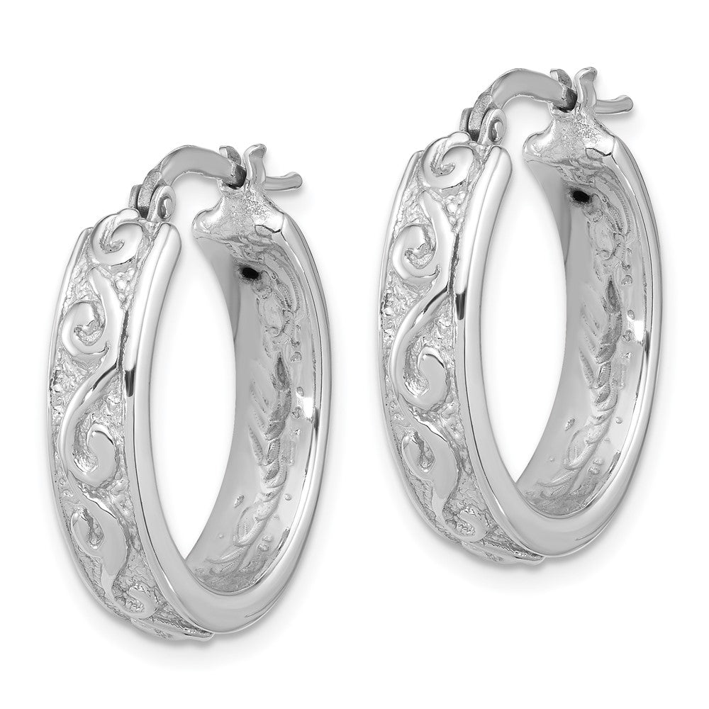 QE16866 Sterling Silver Rhod-plated Polished and Textured Round Hoop Earrings