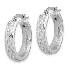 QE16866 Sterling Silver Rhod-plated Polished and Textured Round Hoop Earrings