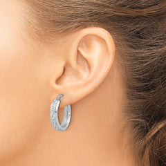 QE16866 Sterling Silver Rhod-plated Polished and Textured Round Hoop Earrings