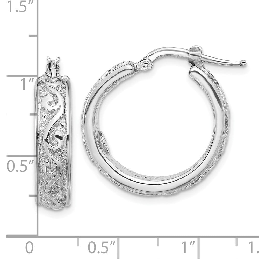 QE16866 Sterling Silver Rhod-plated Polished and Textured Round Hoop Earrings