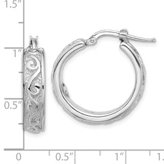 QE16866 Sterling Silver Rhod-plated Polished and Textured Round Hoop Earrings